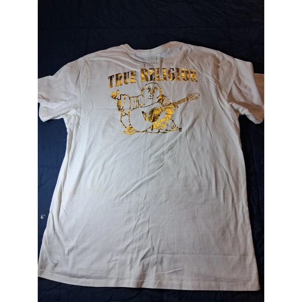 True Religion T shirt Mens XXL Gold Buddha Logo‎ Graphic Tee Short Sleeve